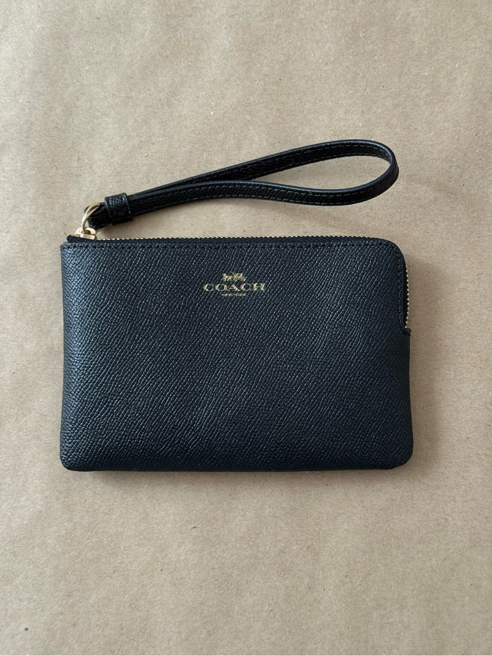 Coach Black Leather Zip Wristlet with Gold Logo